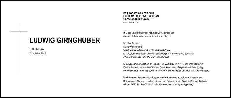 Traueranzeige Ludwig Girnghuber