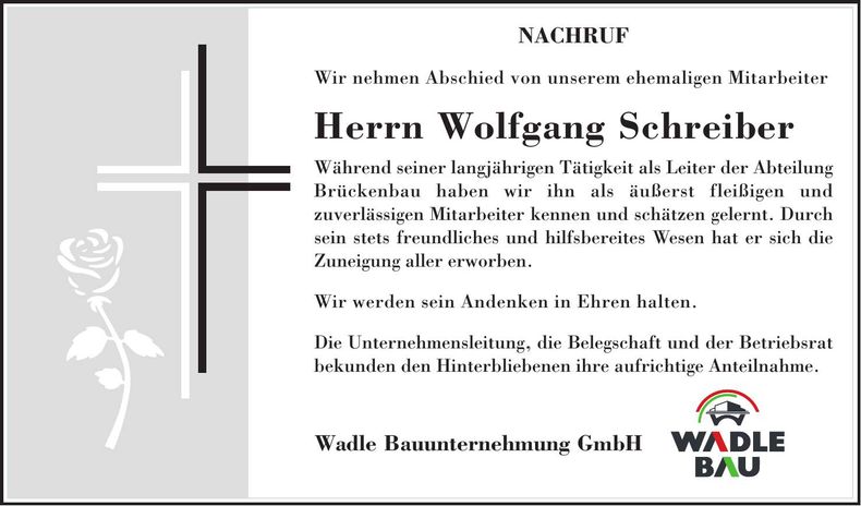 Traueranzeige Wolfgang Schreiber