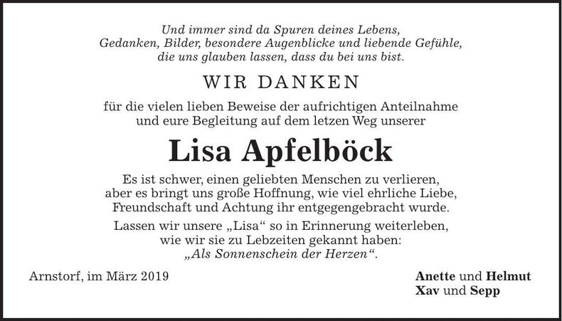 Traueranzeige Lisa Apfelböck