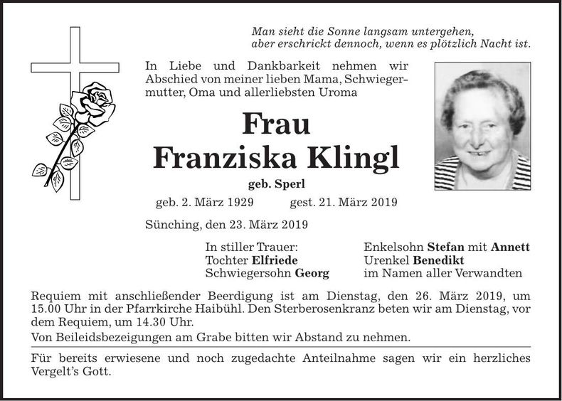Traueranzeige Franziska Klingl