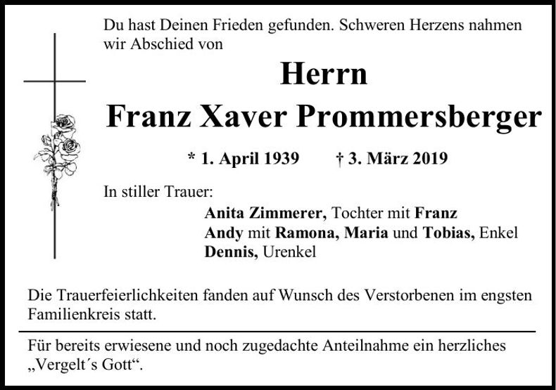 Traueranzeige Xaver Prommersberger
