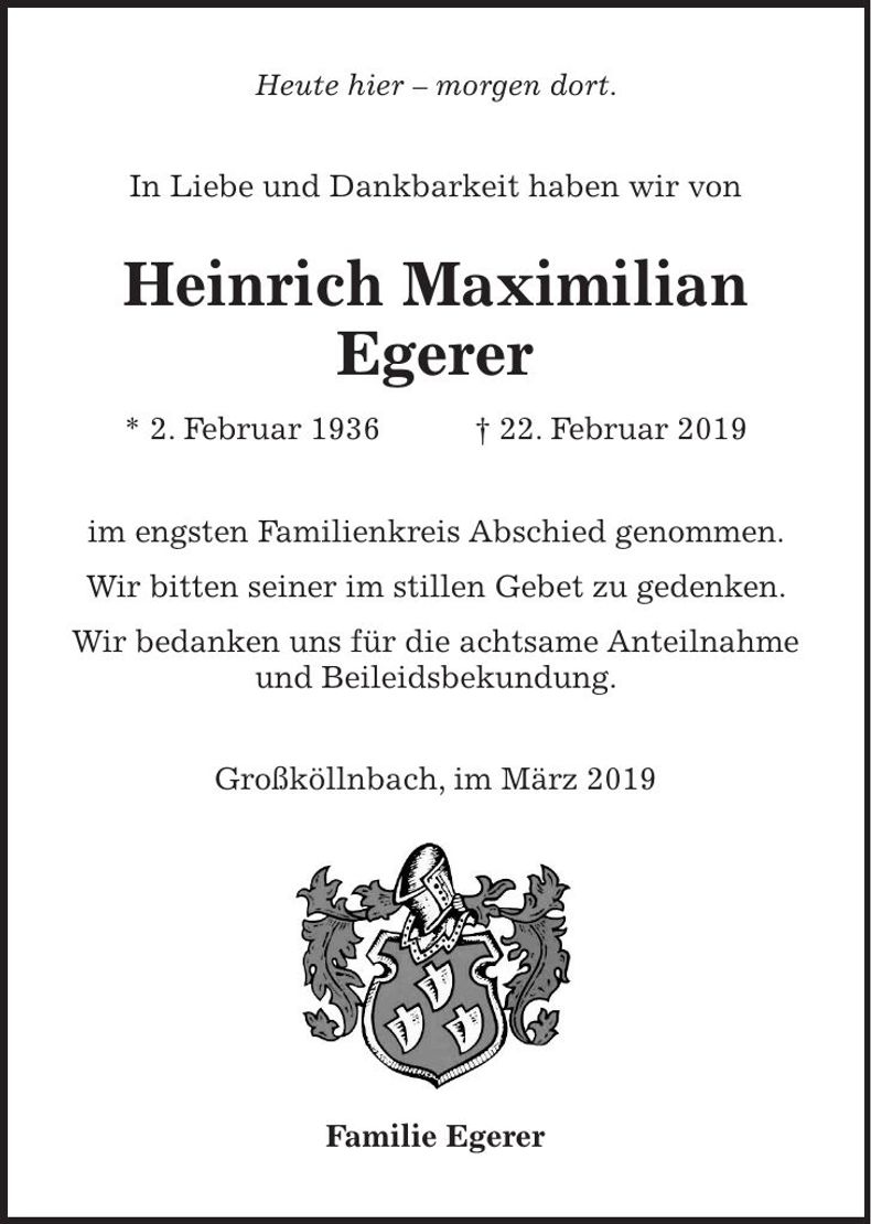 Traueranzeige Heinrich Maximilian Egerer