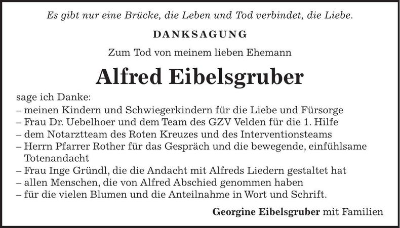 Traueranzeige Alfred Eibelsgruber