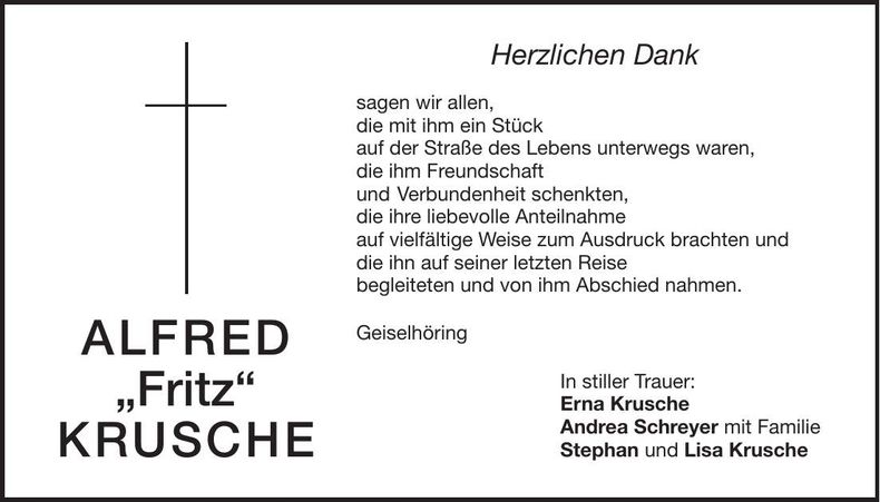Traueranzeige Alfred Krusche