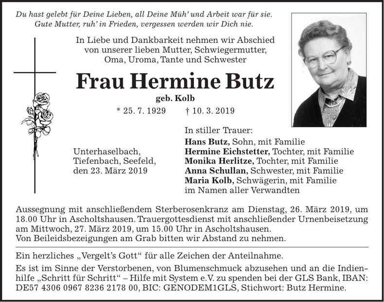 Traueranzeige Hermine Butz