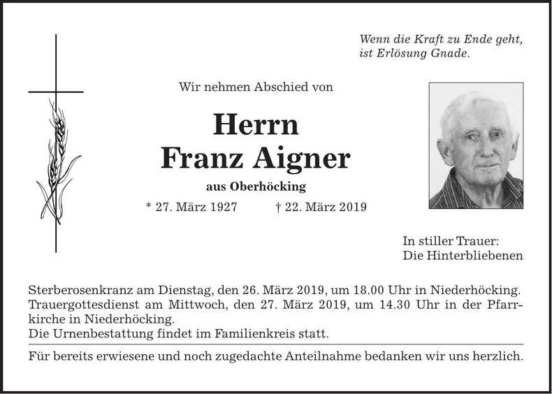 Traueranzeige Franz Aigner