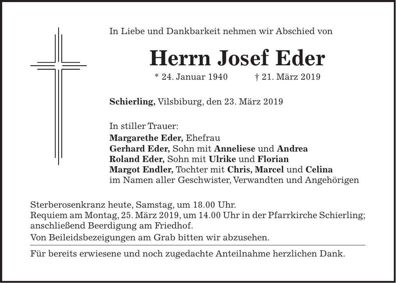 Traueranzeige Josef Eder