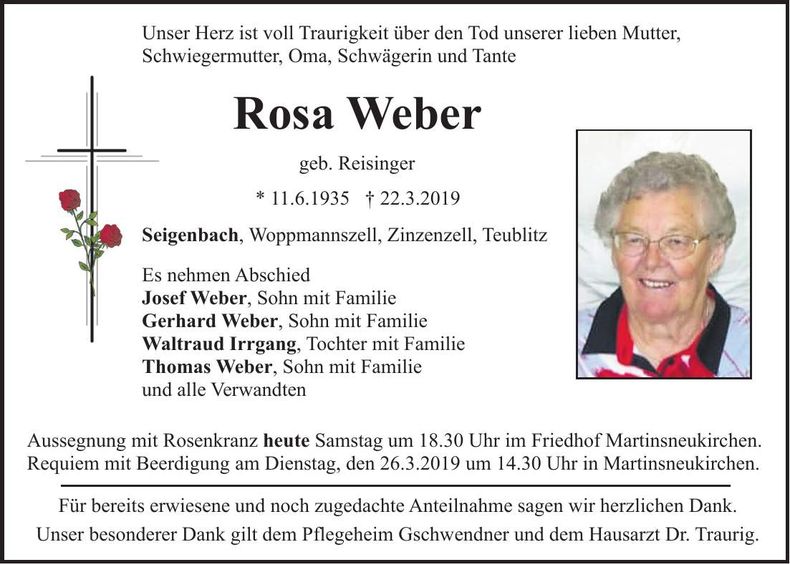 Traueranzeige Rosa Weber