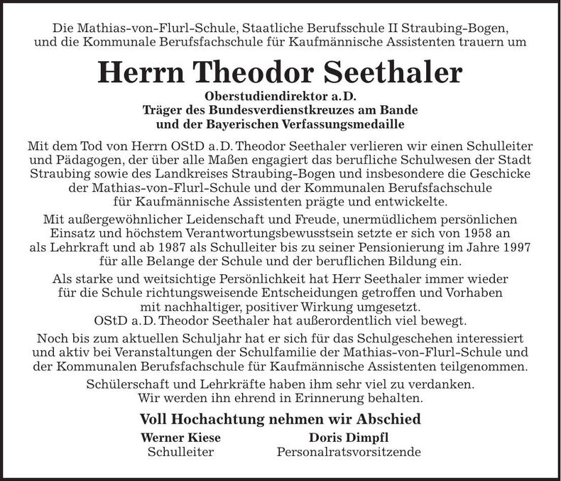 Traueranzeige Theodor Seethaler