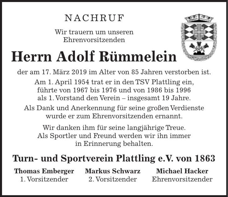 Traueranzeige Adolf Rümmelein