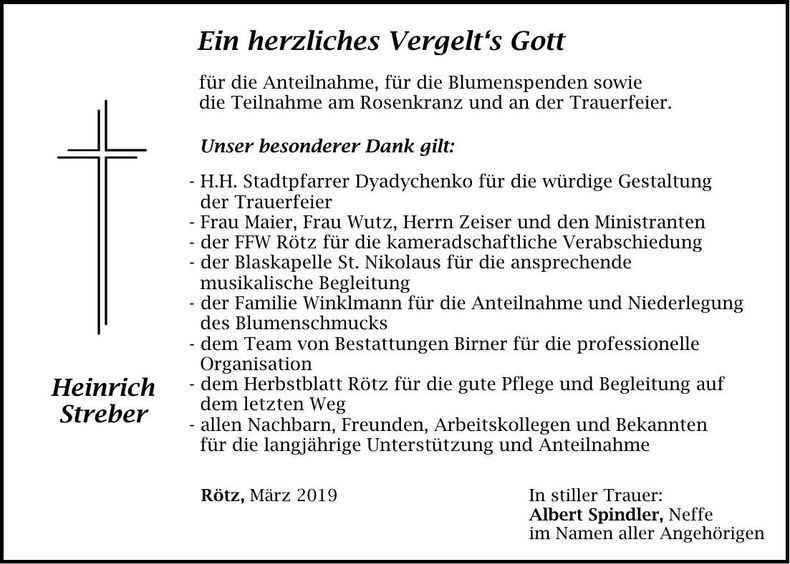 Traueranzeige Heinrich Streber