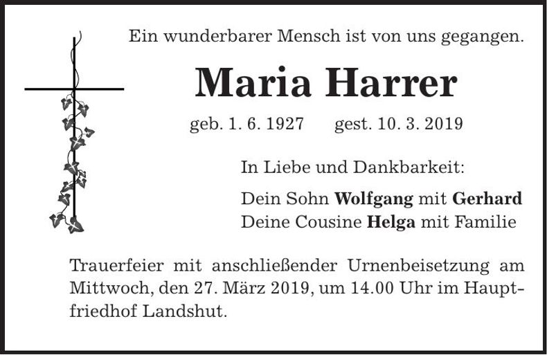 Traueranzeige Maria Harrer