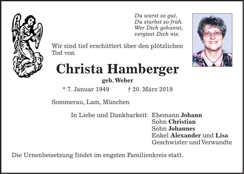 Traueranzeige Christa Hamberger