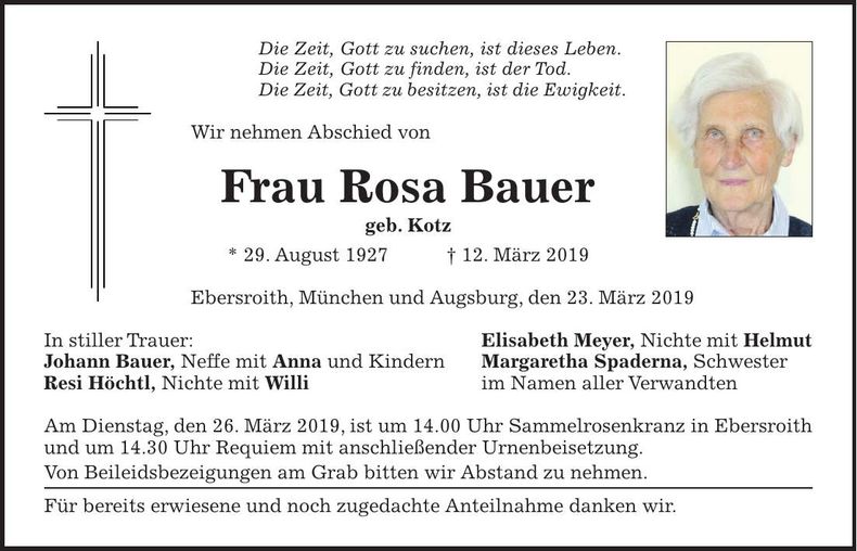 Traueranzeige Rosa Bauer