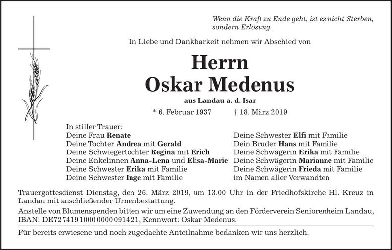 Traueranzeige Oskar Medenus