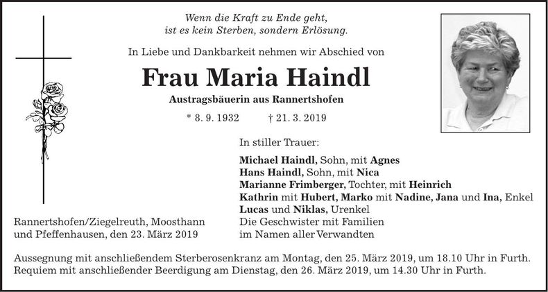 Traueranzeige Maria Haindl