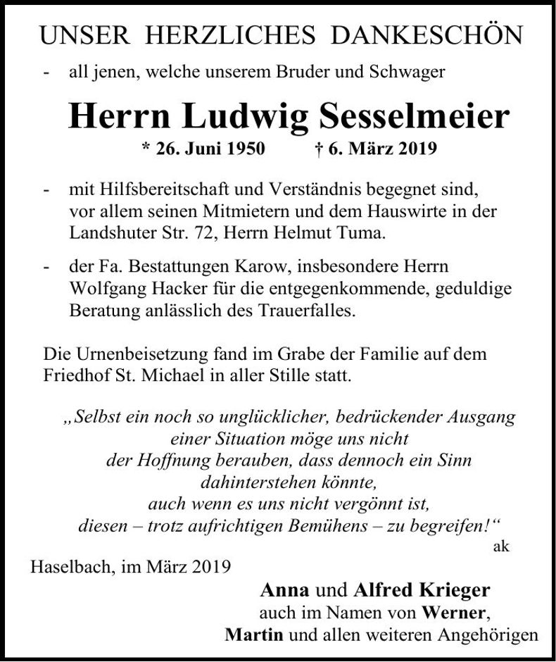 Traueranzeige Ludwig Sesselmeier