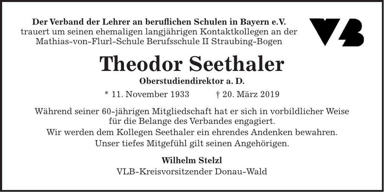 Traueranzeige Theodor Seethaler
