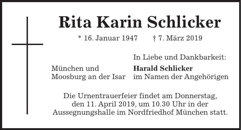 Traueranzeige Karin Schlicker