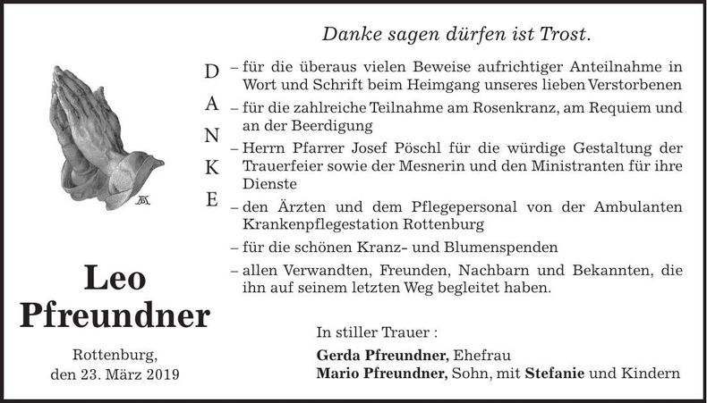 Traueranzeige Leo Pfreundner