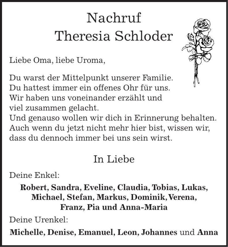 Traueranzeige Theresia Schloder