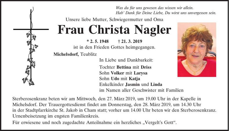 Traueranzeige Christa Nagler