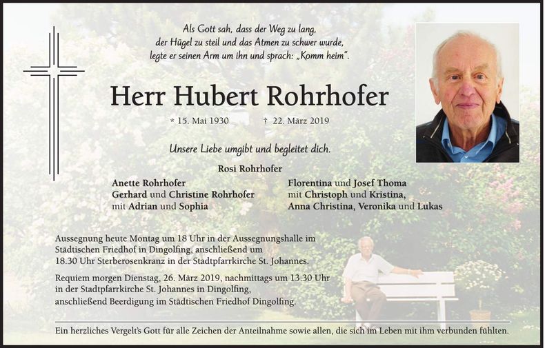 Traueranzeige Hubert Rohrhofer