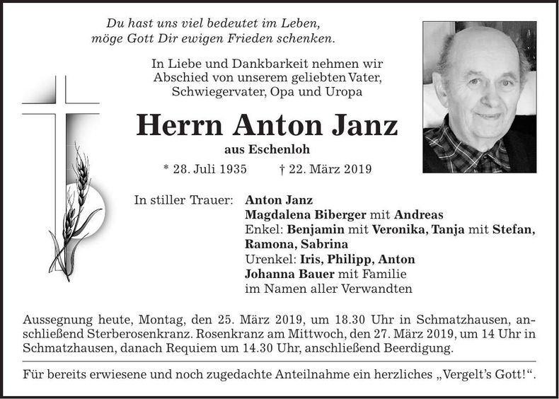 Traueranzeige Anton Janz