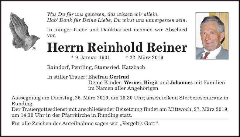 Traueranzeige Reinhold Reiner