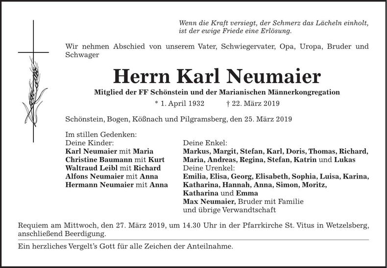 Traueranzeige Karl Neumaier