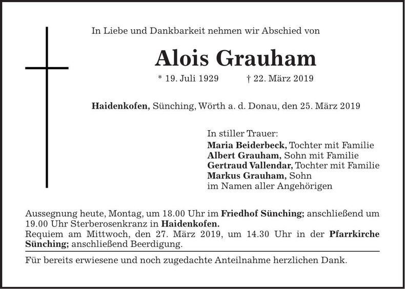 Traueranzeige Alois Grauham