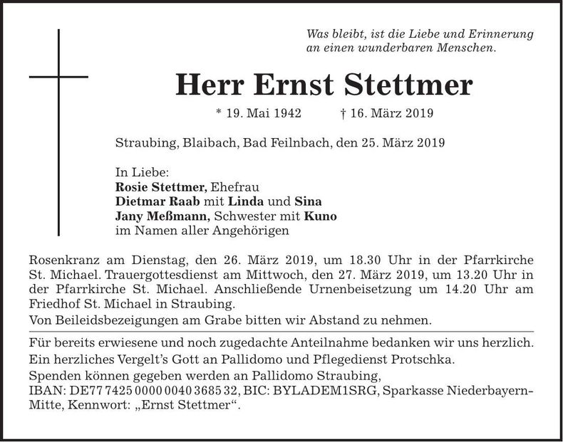 Traueranzeige Ernst Stettmer