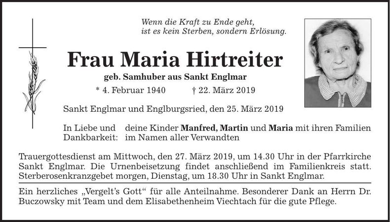 Traueranzeige Maria Hirtreiter