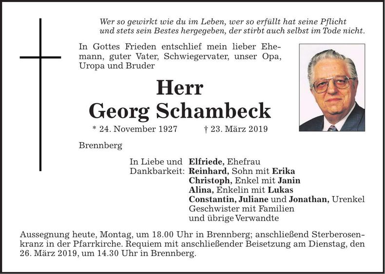 Traueranzeige Georg Schambeck
