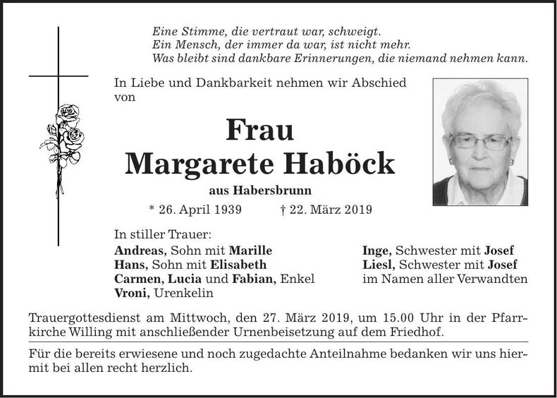 Traueranzeige Margarete Haböck