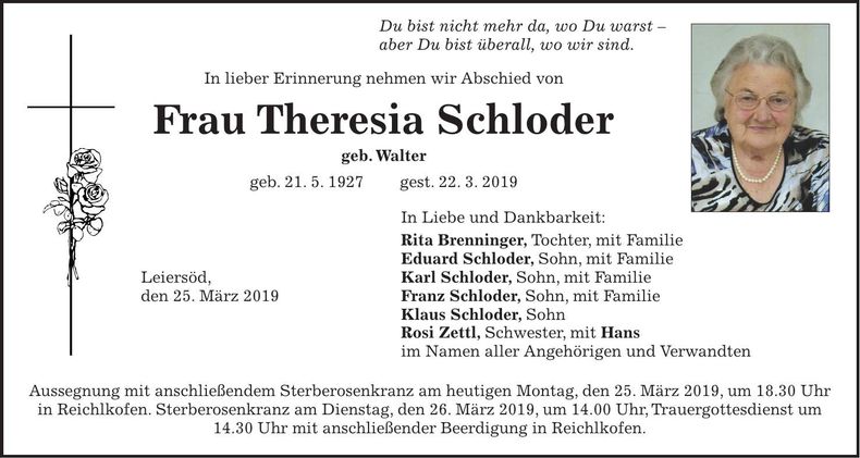 Traueranzeige Theresia Schloder