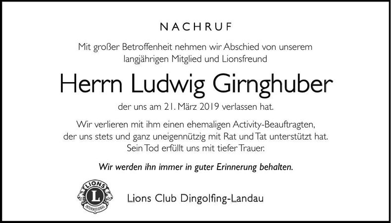 Traueranzeige Ludwig Girnghuber