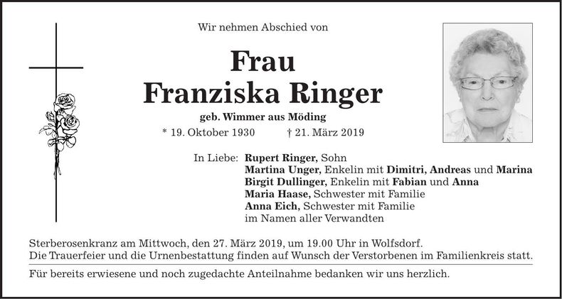 Traueranzeige Franziska Ringer