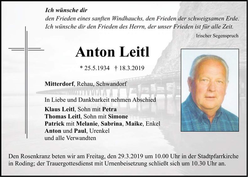Traueranzeige Anton Leitl