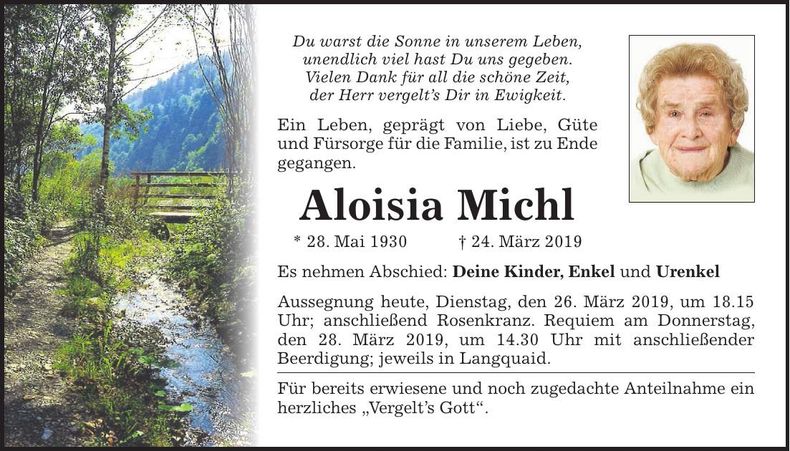Traueranzeige Aloisia Michl