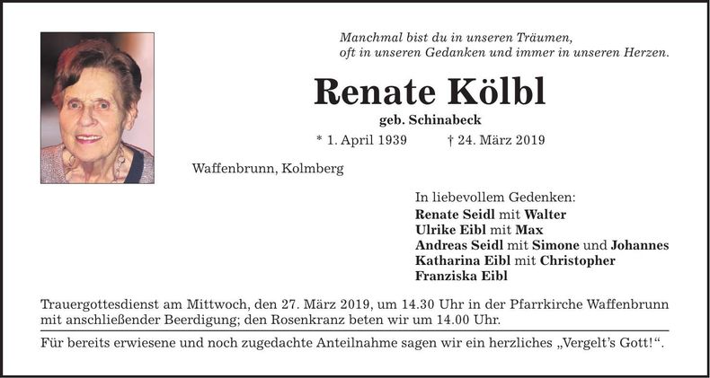 Traueranzeige Renate Kölbl
