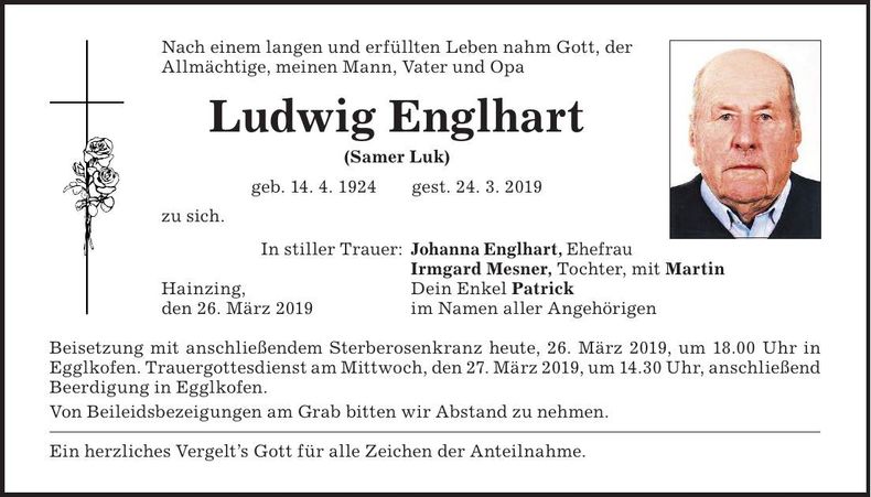 Traueranzeige Ludwig Englhart