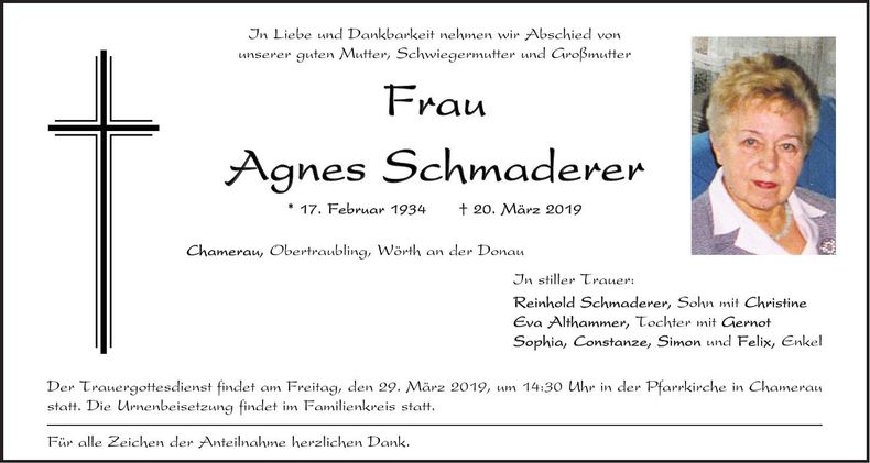 Traueranzeige Agnes Schmaderer