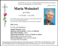 Traueranzeige Maria Weinzierl