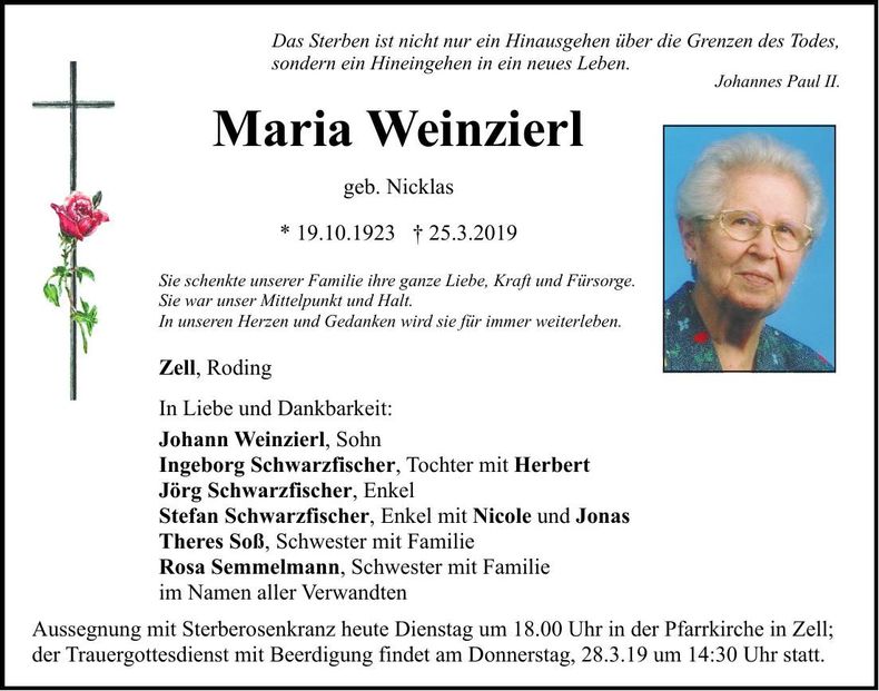 Traueranzeige Maria Weinzierl