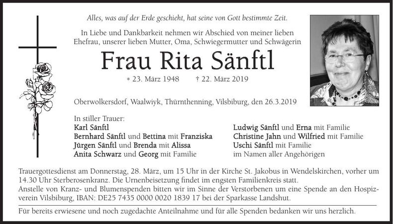 Traueranzeige Rita Sänftl
