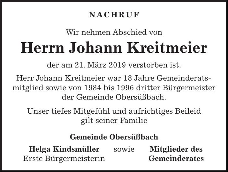Traueranzeige Johann Kreitmeier
