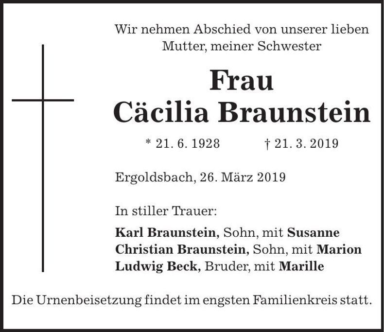 Traueranzeige Cäcilia Braunstein