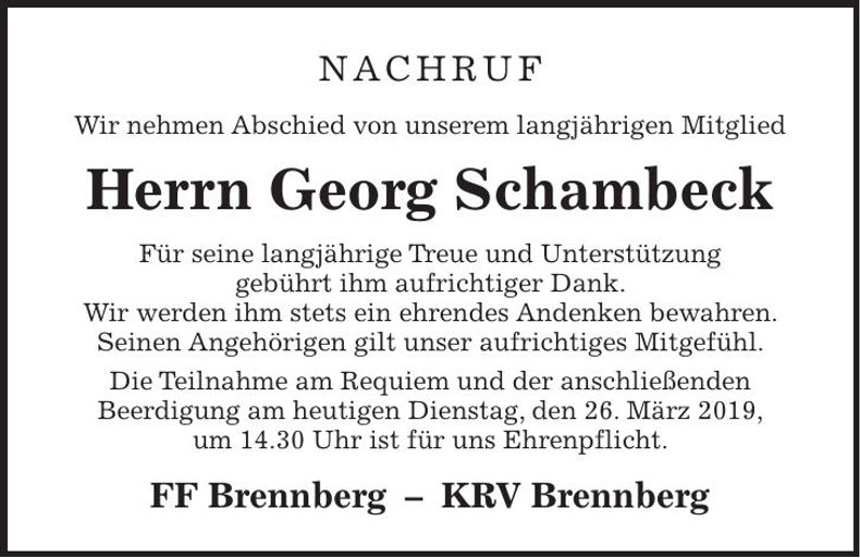 Traueranzeige Georg Schambeck