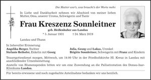 Traueranzeige Kreszenz Sonnleitner